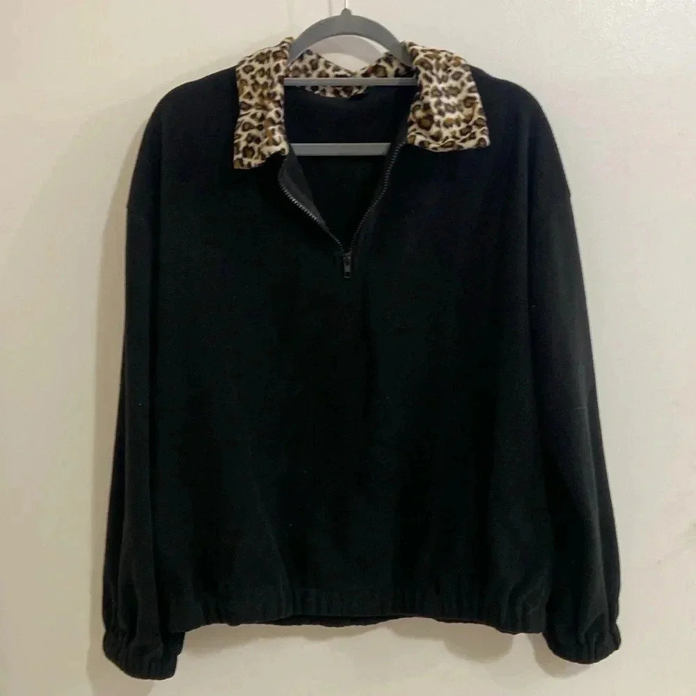 Shein black fleece 1/4 zip pullover leopard collar size medium